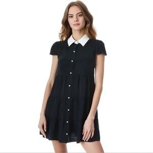 Alice & Olivia Dress Black White Leather Collar Lined Pearl Buttons Size Small 0